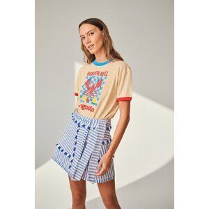 Hunter Bell Coastal Stripe Bay Skirt NWOT Size 8 Blue White Wrap Mini Fringe